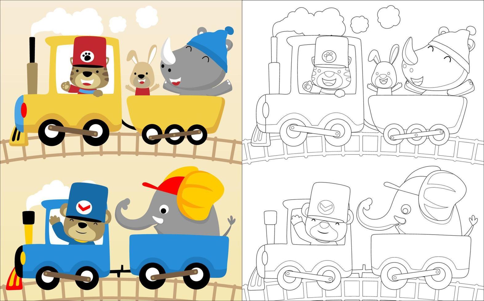 rolig djur tecknad serie på ånga lokomotiv, färg bok eller sida vektor