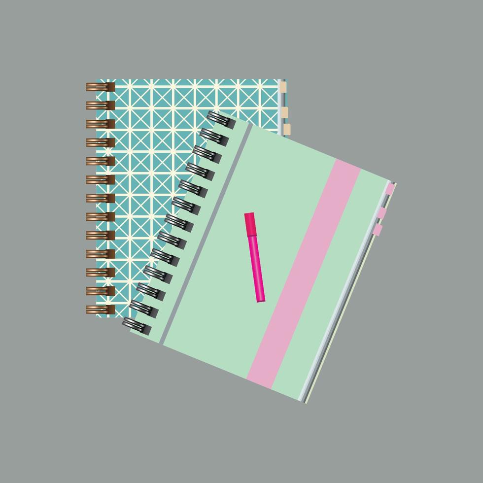 anteckningsblock med penna i topp se. skissbok eller öppen dagbok. kontor och företag brevpapper platt vektor illustration.