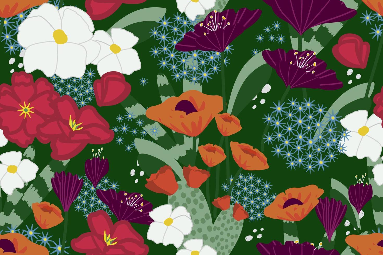 hand dragen modern blommig sömlös mönster kaktus vild blomma äng kontinuerlig vektor illustration design för interiör textil- tyg mode vallmo hortensia och löv