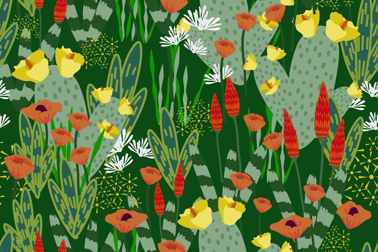 Hand gezeichnet modern Blumen- nahtlos Muster Kaktus wild Blume Wiese kontinuierlich Vektor Illustration Design zum Innere Textil- Stoff Mode Mohn Hortensie und Blätter