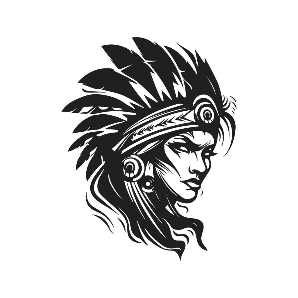 indisch Krieger Mädchen, Logo Konzept schwarz und Weiß Farbe, Hand gezeichnet Illustration vektor