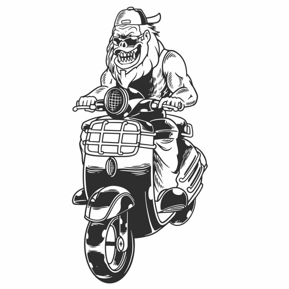 Vintage grausamer Gorilla Biker. verärgerter Affe mit Hut und Schutzbrille, die Motorrad in der monochromen Art isolierte Vektorillustration reiten. Gut für Design-T-Shirt-Drucke, Poster, Kleidung und andere Zwecke vektor