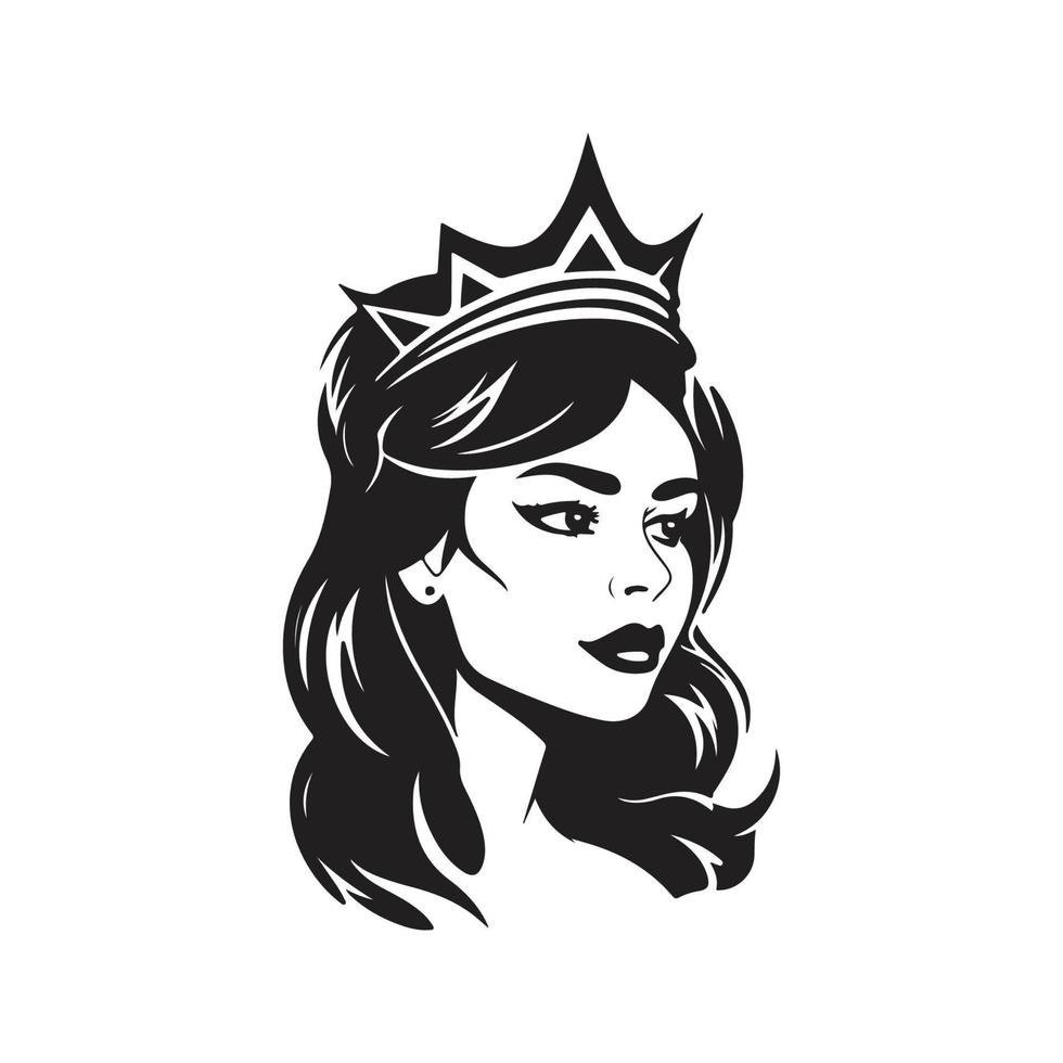 skön flicka bär krona, logotyp begrepp svart och vit Färg, hand dragen illustration vektor