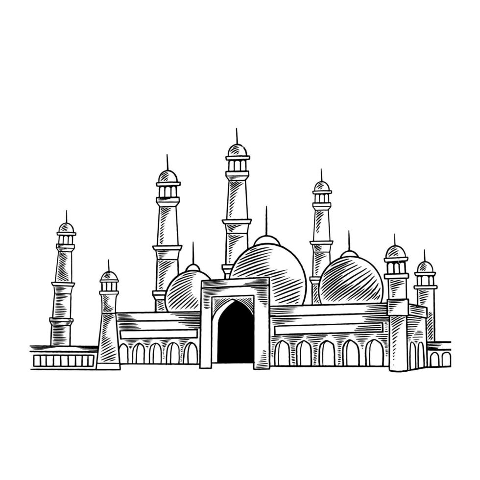 die schöne Moschee. Ramadan, Gebete knien, Eid Mubarak Konzept Skizze Grußkarte Vorlage. Hand gezeichnete Vektorillustration lokalisiert auf weißem Hintergrund. muslimisches Festival Ramadhan vektor