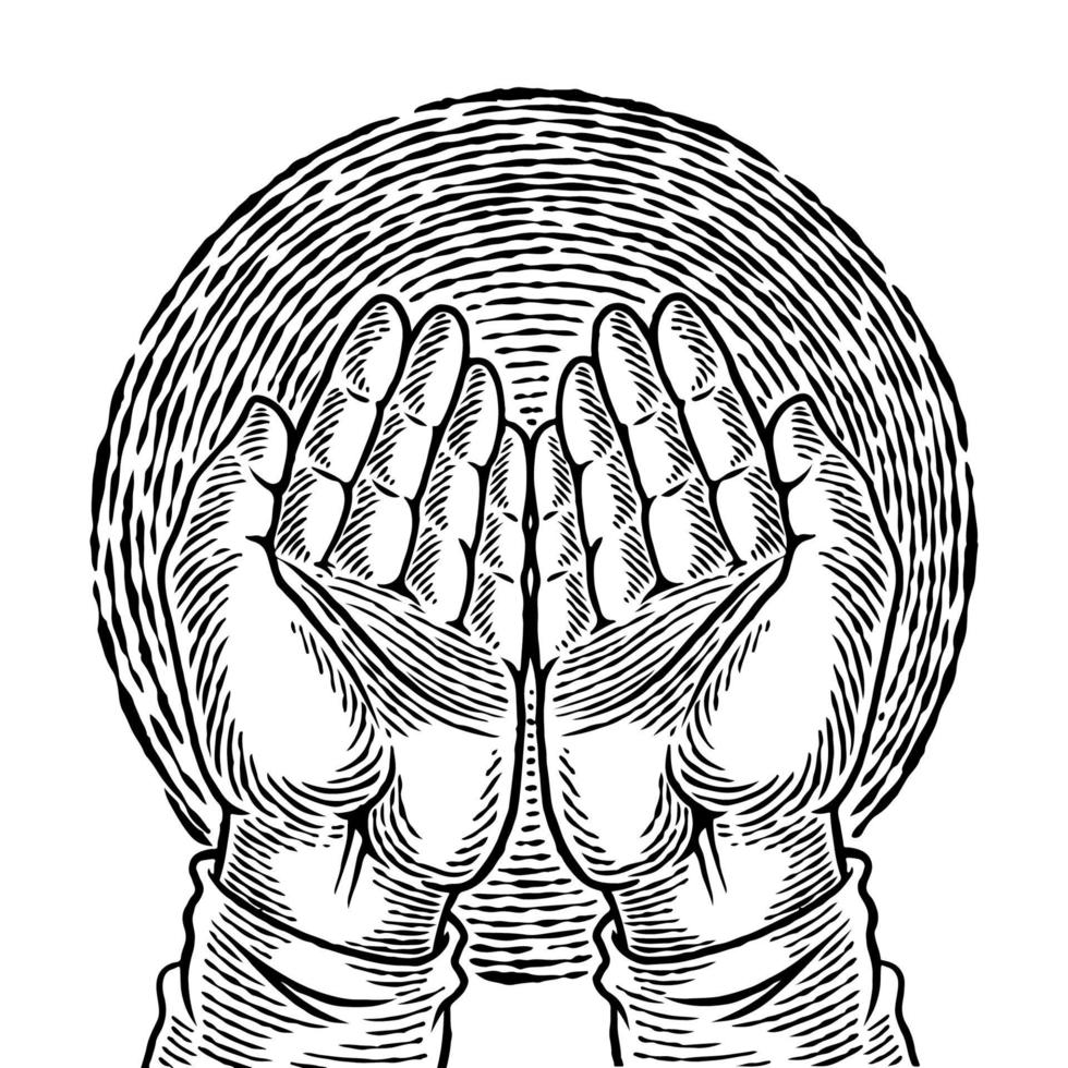 handritad mänsklig hand i bönposition. religion konceptuell konst skiss. handflatan på en islamisk bön och en symbol för trosmoskén. enkla händer gest skiss vektorillustration. vektor