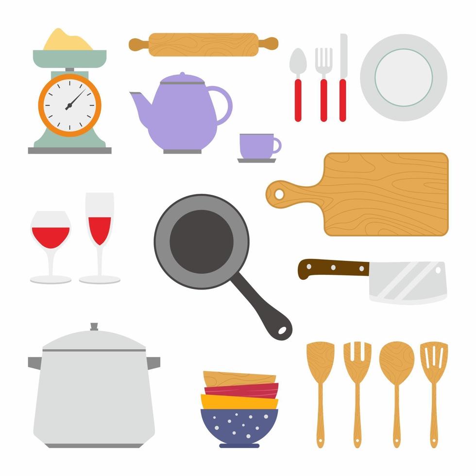 matlagning grejer. uppsättning köksutrustning med stekpannor, tallrikar, kopp, tekanna, vattenkokare, köksvåg, kavel, sked, gaffel, kniv, skärbräda, skål och glas. platt vektorelement för matlagning illustration vektor
