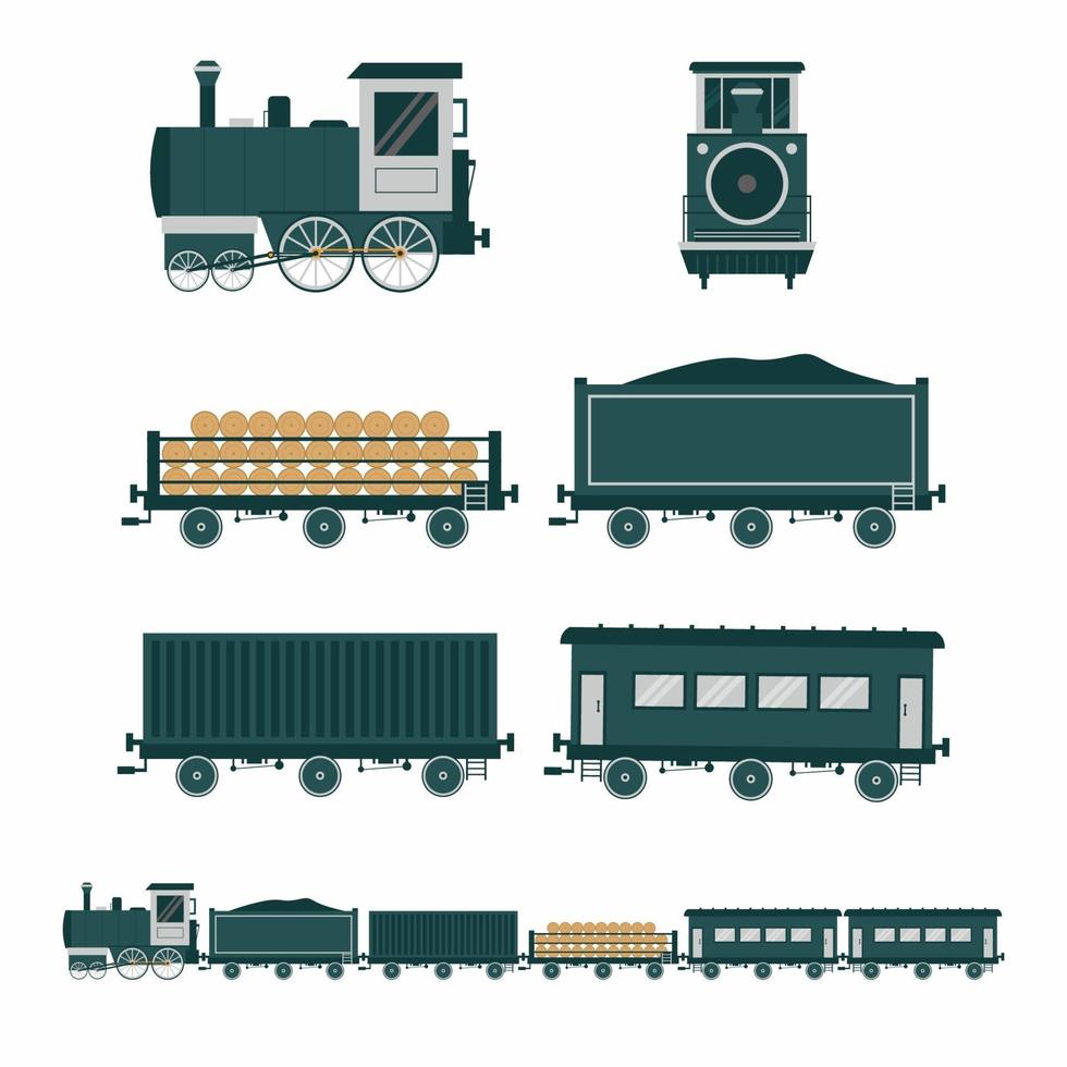 gammal tåg platt stil. uppsättning platt vintage tåg transport ikoner. ångtåg, passagerartåg och och godståg fram och sidovy isolerad på vit bakgrund. vektor tecknad illustration