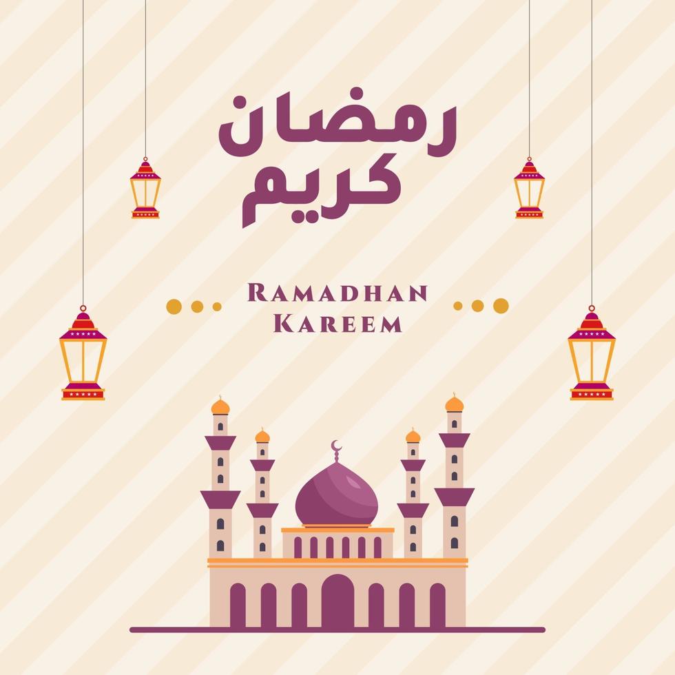 ramadan kareem gratulationskort med islamisk design. glad eid mubarak. scen med moské eller masjid och lykta. muslimsk festfirande. platt tecknad vektorillustration. vektor