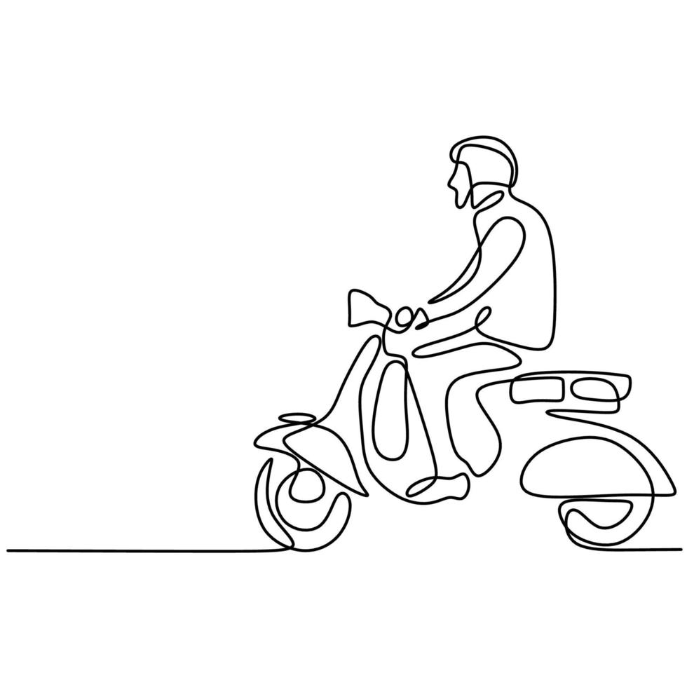 kontinuerlig konturteckning eller en linjeteckning av ung man som rider på vespa-motorcykel. en manlig cyklar klassisk skotermatik isolerad på vit bakgrund. vintage motorcykel koncept. vektor illustration