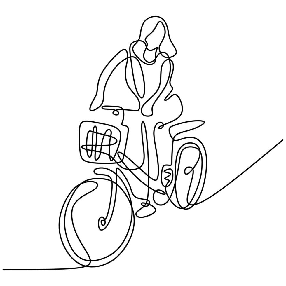 eine fortlaufende Strichzeichnung eines Mädchens, das Fahrrad fährt. Eine süße Frau fährt morgens gerne Fahrrad, um Sport zu treiben. Thema des gesunden Lebensstils lokalisiert auf weißem Hintergrund. Vektor minimalistischen Stil