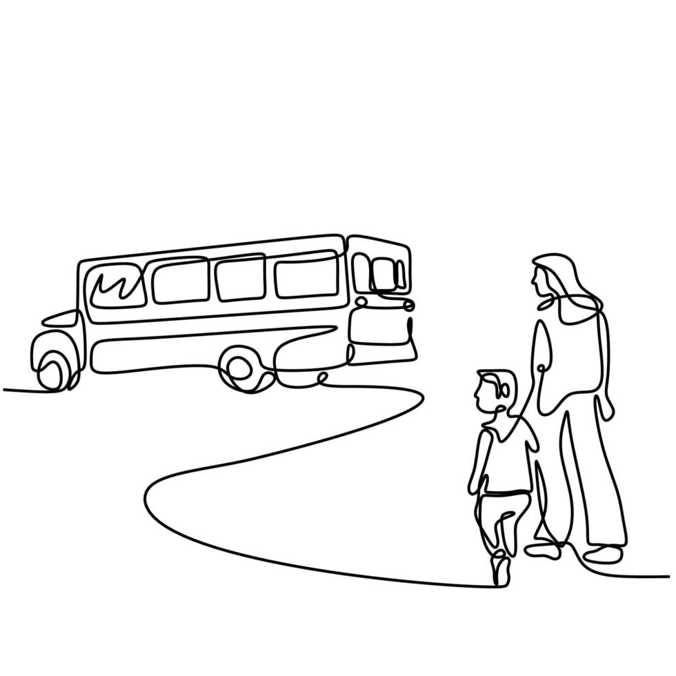 kontinuerlig en linje ritning av ung mamma tar sitt barn till skolbussen. glad liten unge står med sin mamma på gatan. tillbaka till skolan koncept handritad linje konst minimalism design vektor