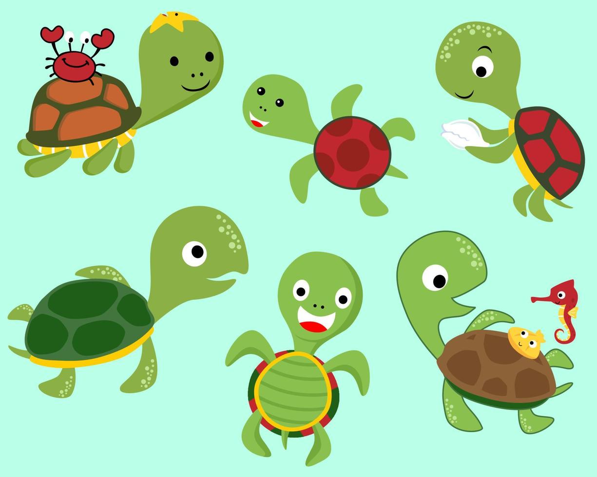 vektor uppsättning av sköldpadda tecknad serie i annorlunda aktivitet med liten marin djur