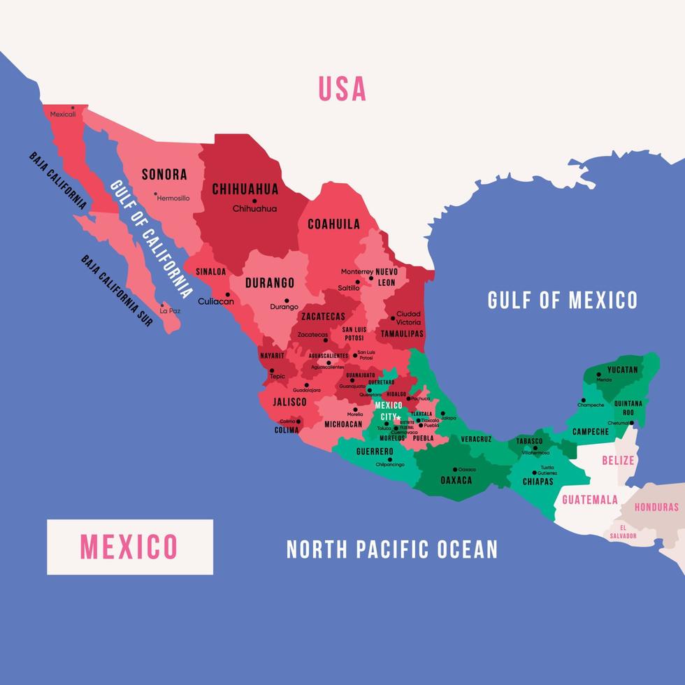 detailliert Karte von Mexiko und Umgebung Grenzen vektor