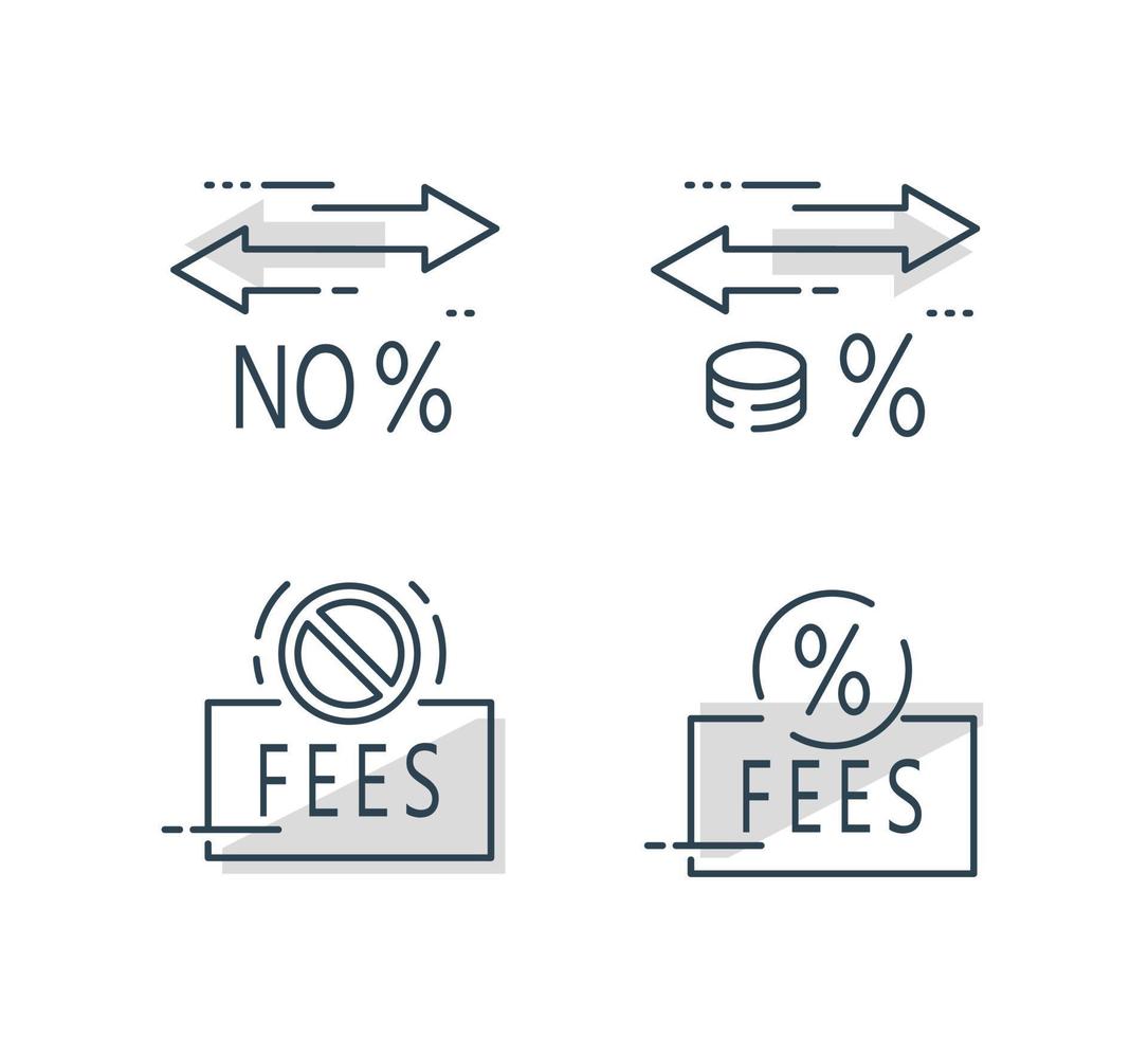 noll provision, låg procentsats betalning, deposition eller dra tillbaka pengar, finansiell överföra tjänster, valuta utbyte, nej avgifter tecken vektor