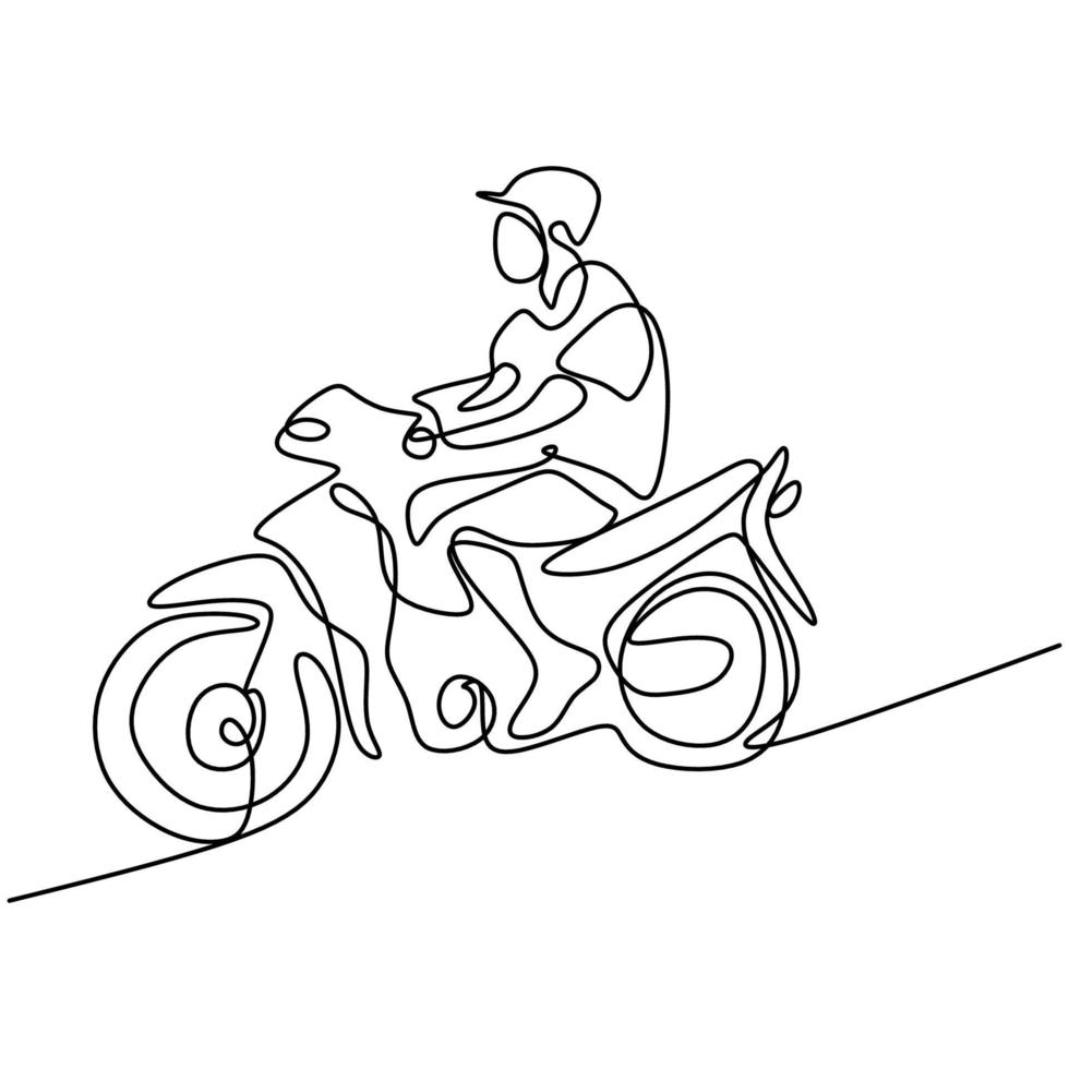kontinuerlig en linje konst design av ung man med scooter matic. en tonåring man med hjälm och ridning motorcykel hand dras i minimalism stil. vintage motorcykel koncept. vektor illustration
