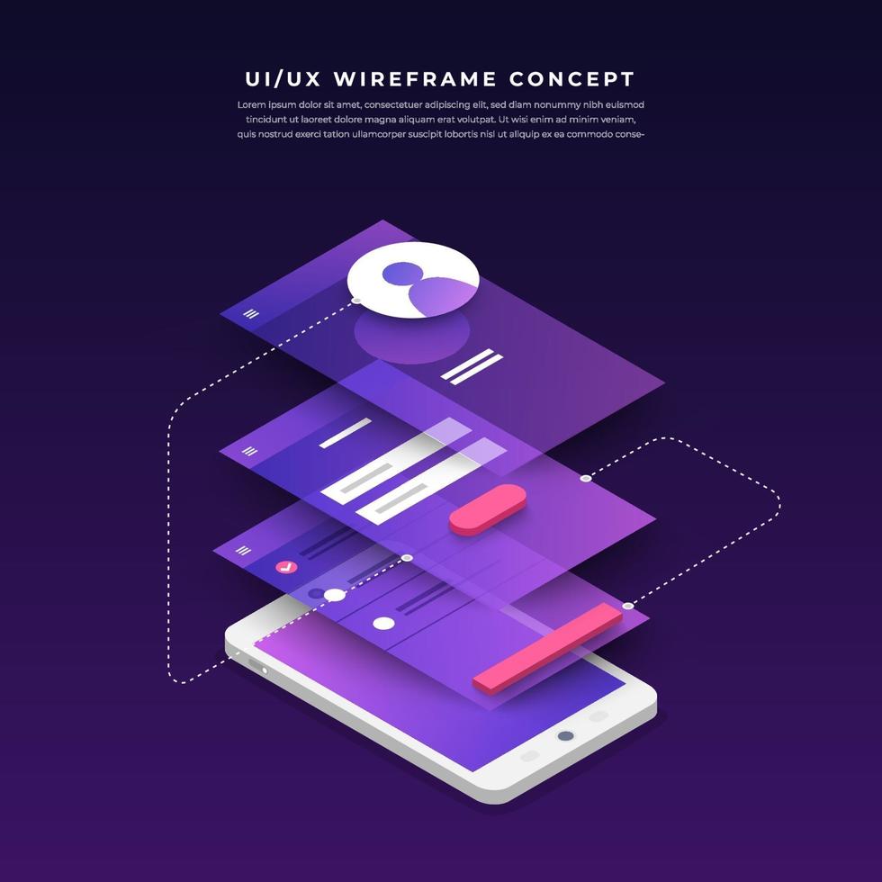 ux ui Flussdiagramm. Modell des mobilen Anwendungskonzepts isometrisches flaches Design. Vektorillustration. vektor