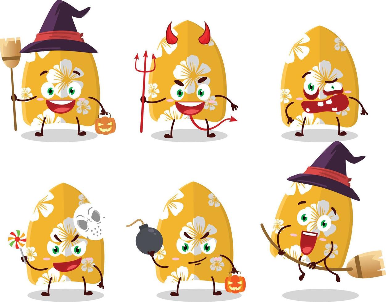 Halloween Ausdruck Emoticons mit Karikatur Charakter von Surfen Tafel vektor