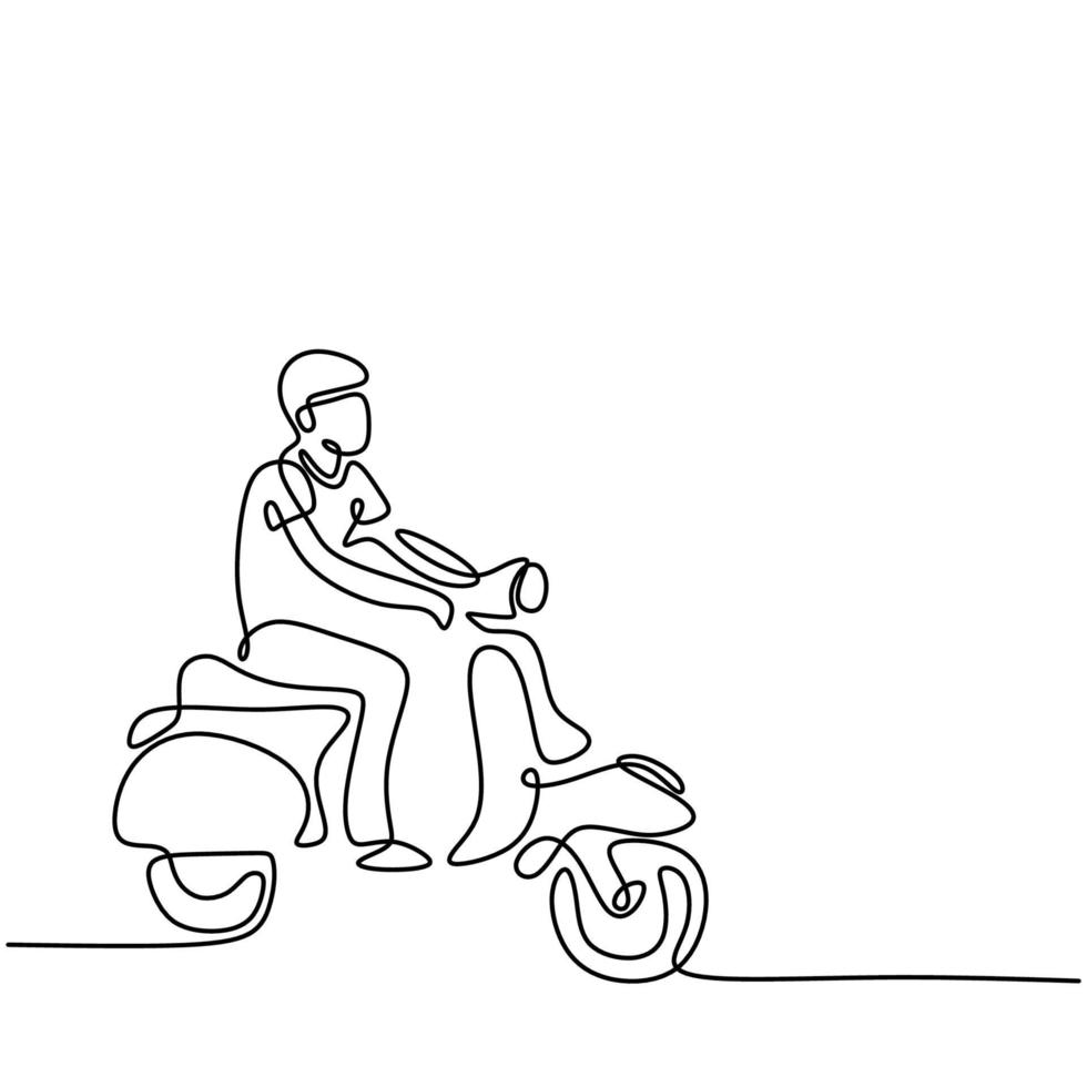 kontinuerlig konturteckning eller en linjeteckning av ung man som rider på vespa-motorcykel. en manlig cyklar klassisk skotermatik isolerad på vit bakgrund. vintage motorcykel koncept. vektor illustration