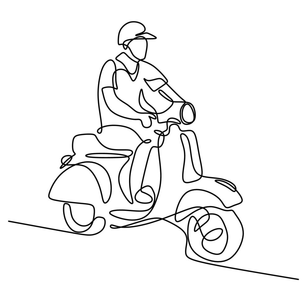 kontinuerlig konturteckning eller en linjeteckning av ung man som rider på vespa-motorcykel. en manlig cyklar klassisk skotermatik isolerad på vit bakgrund. vintage motorcykel koncept. vektor illustration