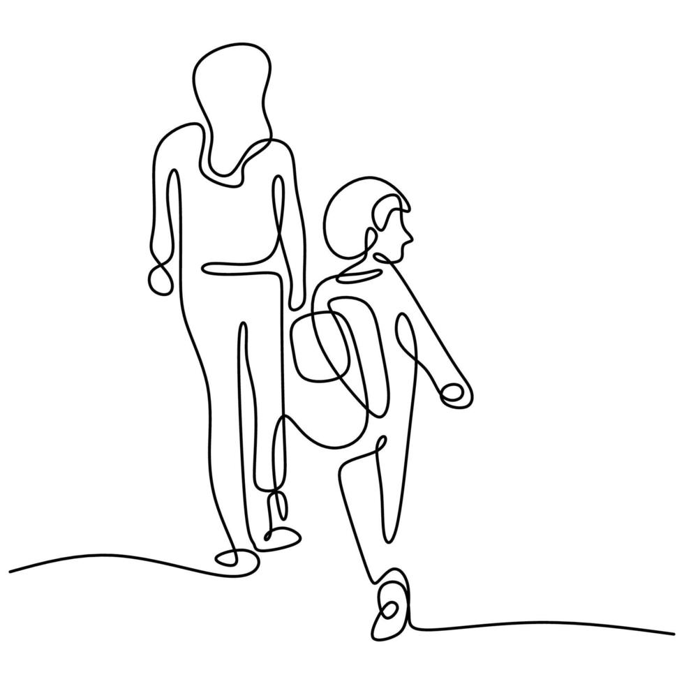 en kontinuerlig linjeteckning av ung mamma tar sin son till skolan. glad liten pojke som går med sin mamma till skolan. kärleksfull föräldraskap familj koncept isolerad på vit bakgrund. vektor