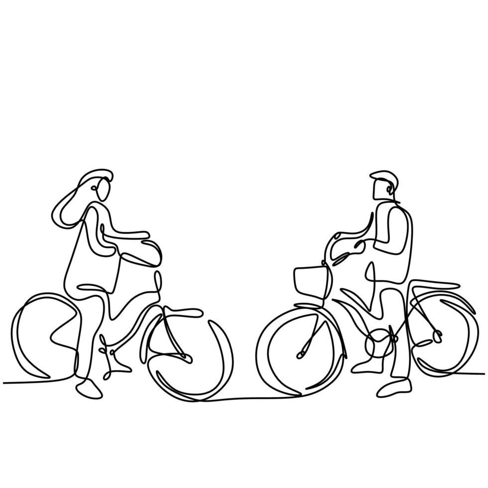 en kontinuerlig linje ritning av lyckliga unga par ta en promenad med cykel. kärleksfull man och kvinna på cykel rider romantiskt tillsammans på utomhusparken. kärleksförhållande koncept. vektor