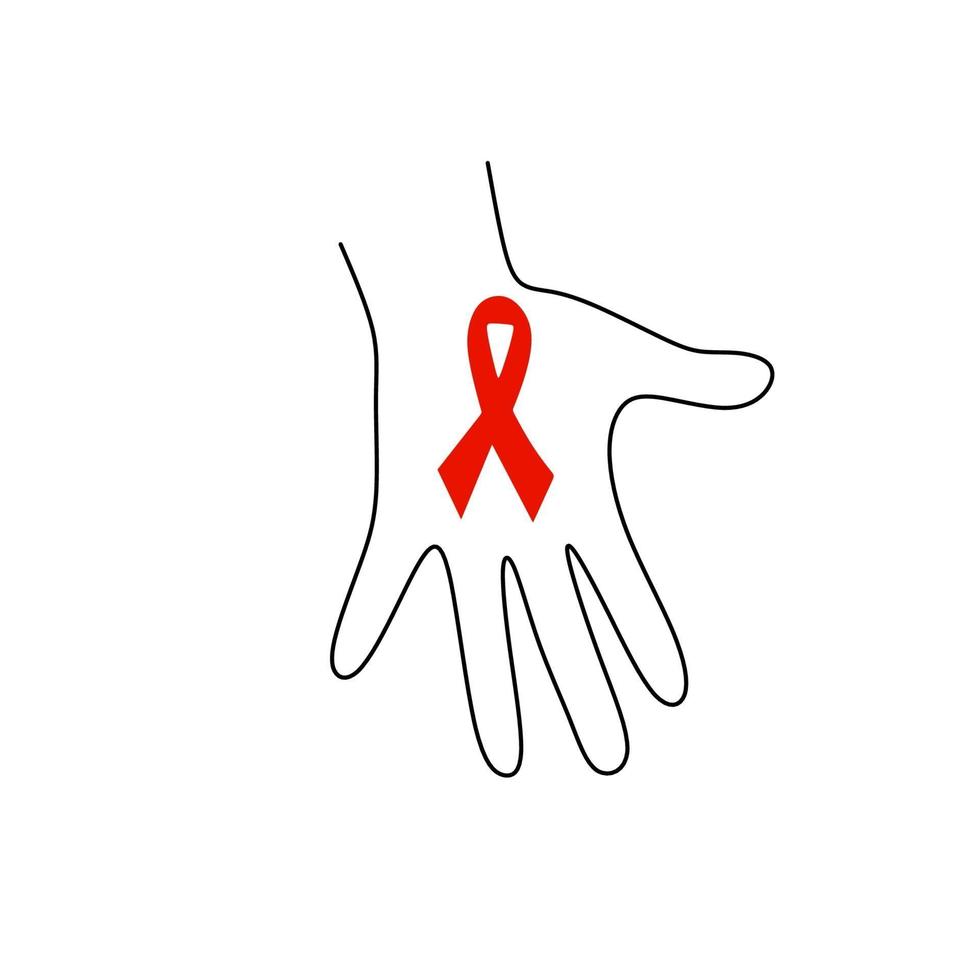 Die Hand des Menschen mit dem roten Band hilft beim kontinuierlichen Zeichnen einer Linie. Unterstützen Sie die Hoffnung auf Heilung und stoppen Sie das Aids-Konzept. Welthilfetag, 1. Dezember. Charity-Abzeichenband lokalisiert auf weißem Hintergrund. vektor