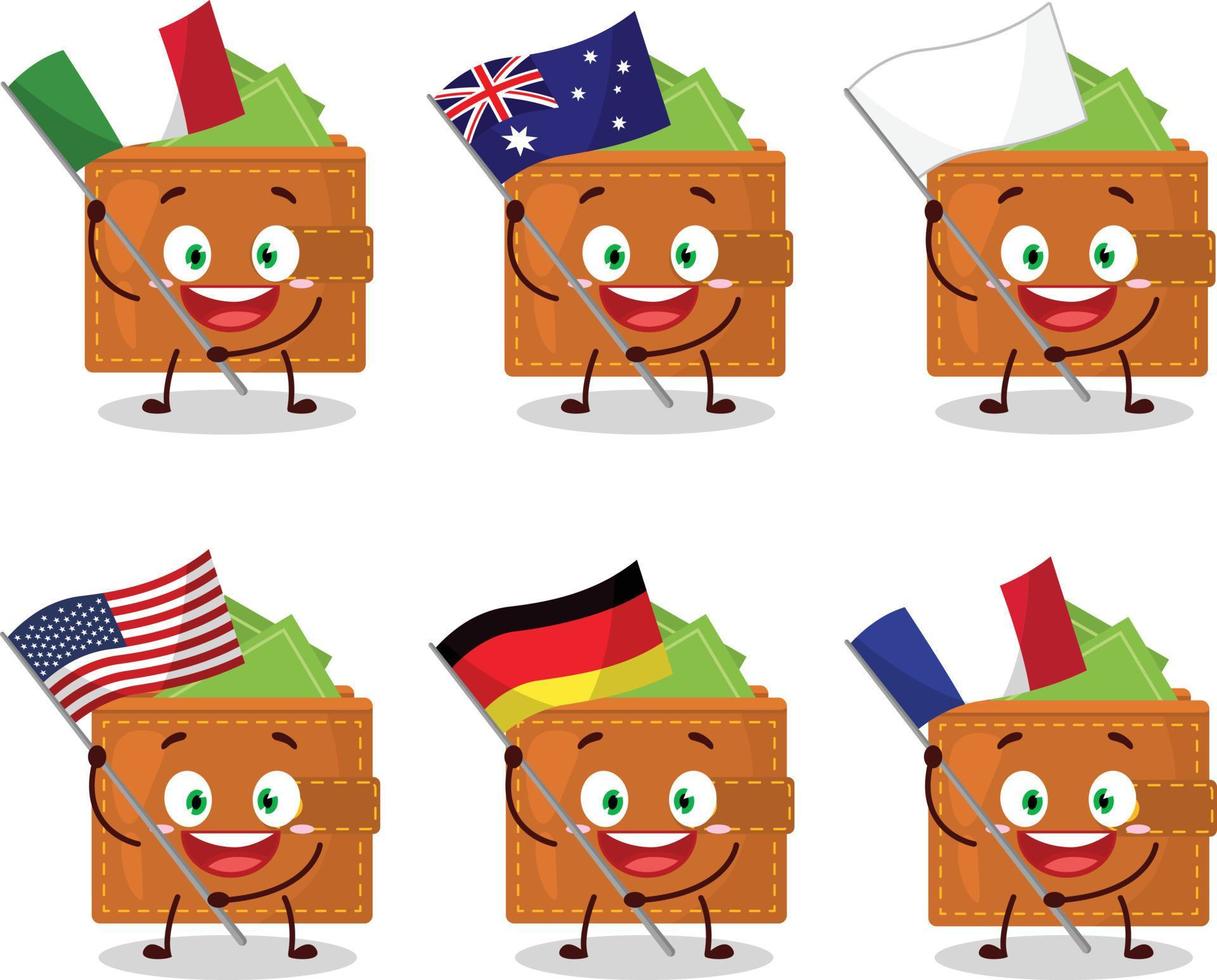 Brieftasche Karikatur Charakter bringen das Flaggen von verschiedene Länder vektor