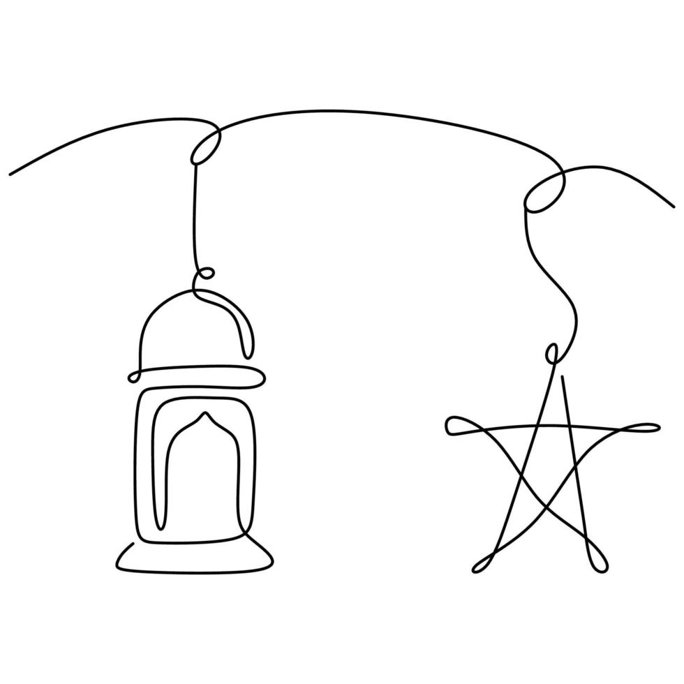 ein durchgehender Strichzeichnungsentwurf für Ramadan mit hängenden Sternen und Laterne. Ramadan Kareem Grußkarte mit islamischem Dekorationskonzept. Vektorillustrations-Minimalismusstil auf weißem Hintergrund vektor