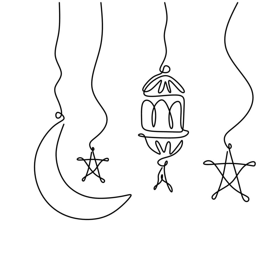 Laterne, Halbmond und Stern. Ramadan Kareem Thema minimal eine durchgehende Strichzeichnung auf weißem Hintergrund. Einzeilige Kunst von Eid Mubarak Grußkarte, Poster und Banner Design. Vektorillustration vektor