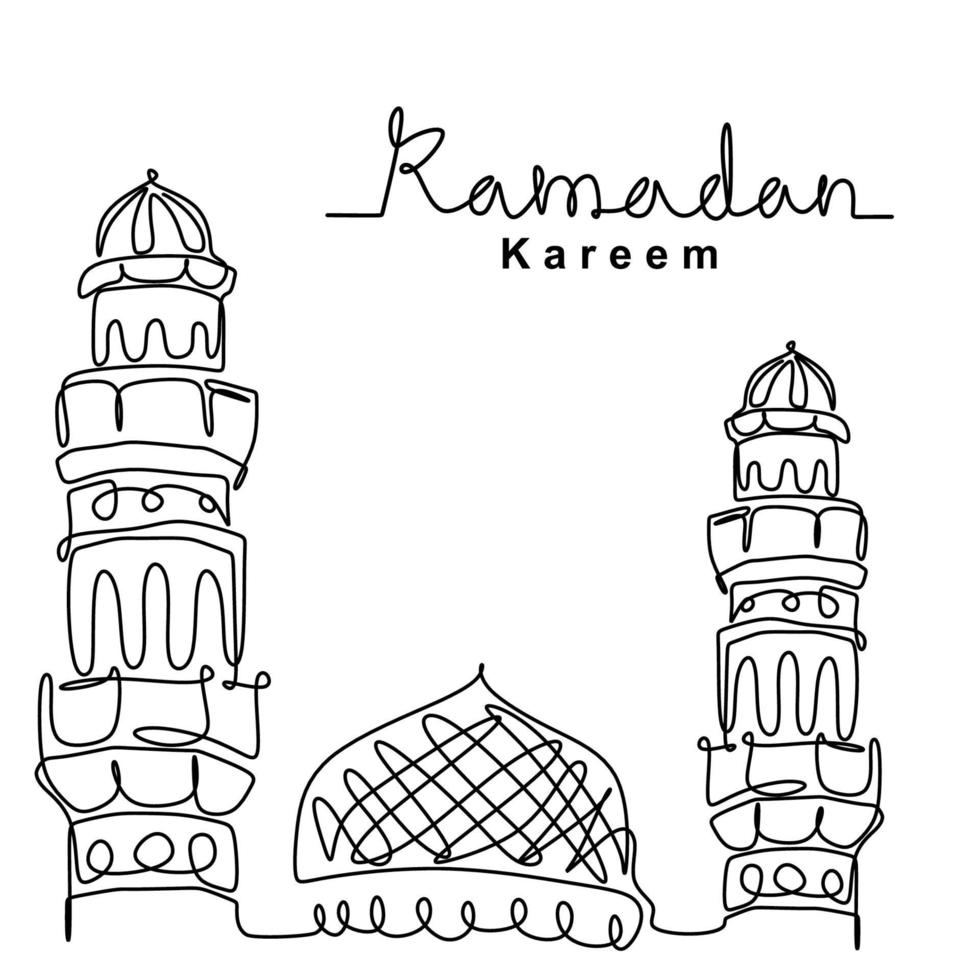 Moschee kontinuierliche Linie Zeichnung Vektor minimalistisches Design. fröhliches eid mubarak, ramadan kareem thema. traditionelle islamische Feiertagsfeier, arabische Religion und Kulturskizzenillustration