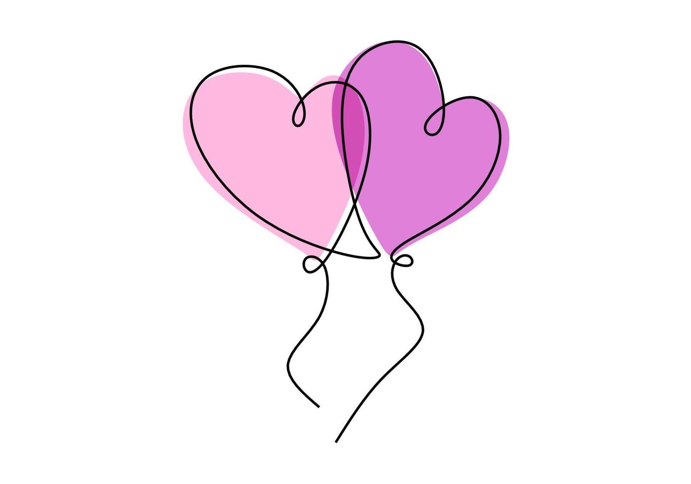 en kontinuerlig linjeteckning av två hjärtformade ballonger i luften. romantiska bröllop inbjudningskort koncept isolerad på vit bakgrund. glad alla hjärtans dag. handritad vektorillustration vektor
