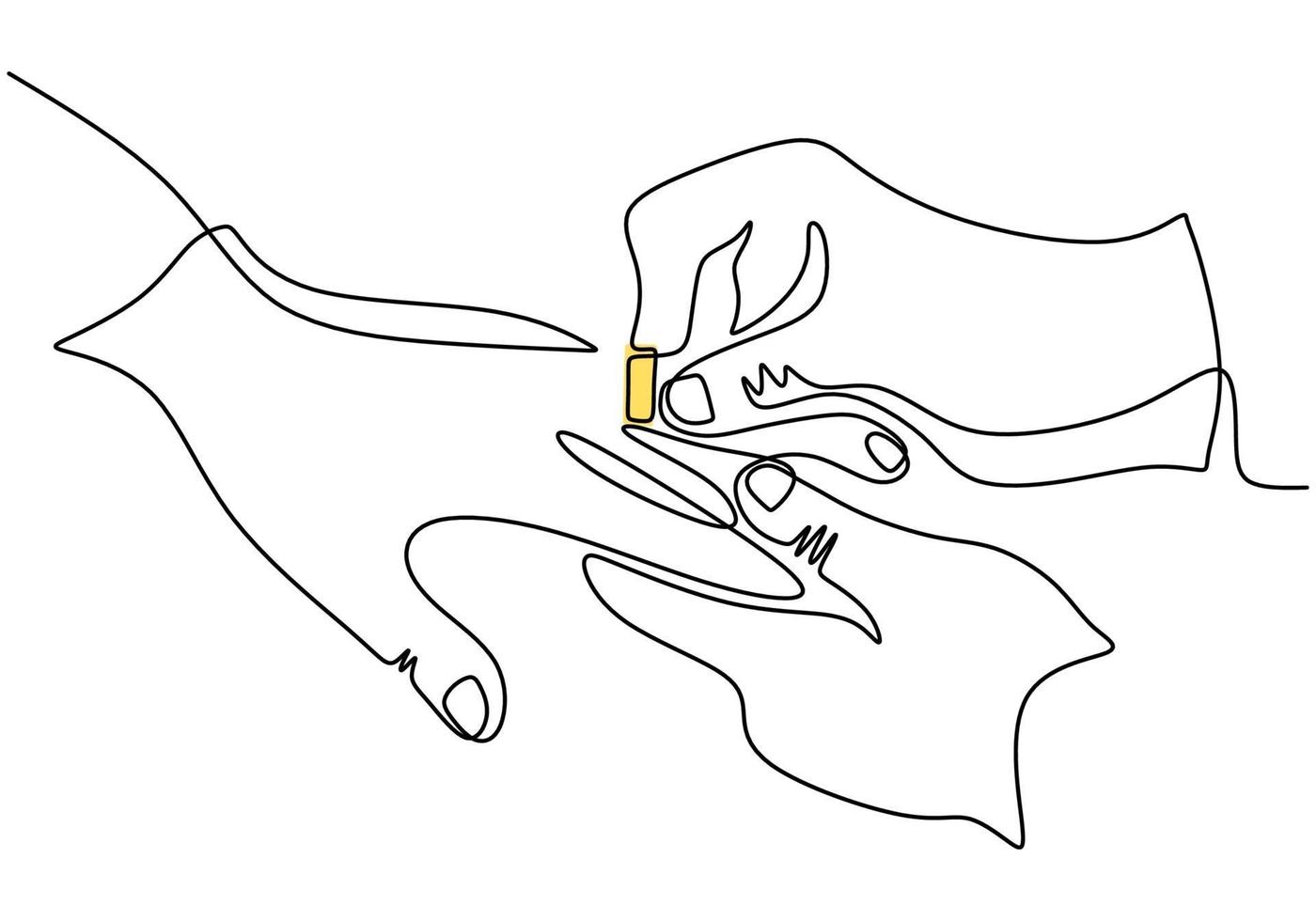 en kontinuerlig linje ritning av manliga och kvinnliga händer som visar förlovningsringar. ung man satte en ring på kvinnofingret. ringbyte ritad för hand bild silhuett. vektor illustration