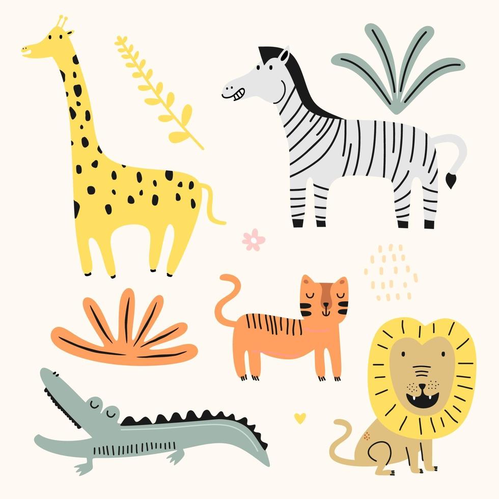 vektor samling av söta djur för barn. djungeldjur med lejon, krokodil, katt, zebra. handritad grafisk zoo. perfekt för baby shower, vykort, etikett, broschyr, flygblad, sida, banner design