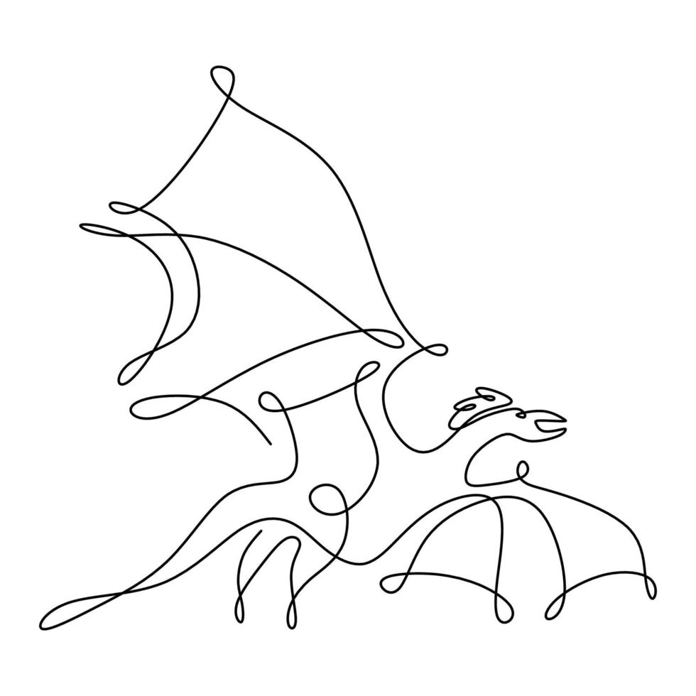 eine fortlaufende Strichzeichnung des fliegenden Drachen, eines fiktiven Monstertieres für die traditionelle chinesische Logoidentität. Handgezeichnetes Design des minimalistischen Stils des Tiermaskottchenkonzepts der mythologischen Kreatur. vektor