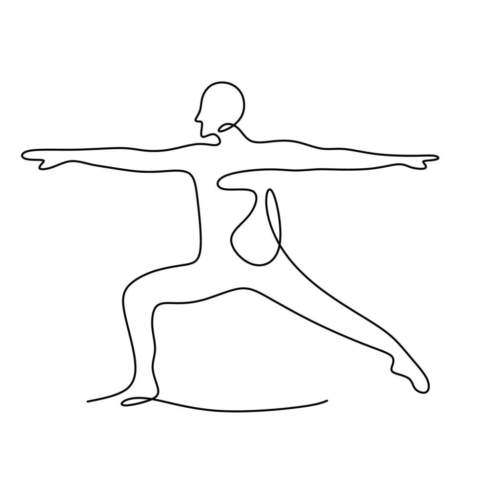 kvinna gör yogaställning. kontinuerlig en linje ritning av energisk tjej öva virabhadrasana yoga övning pose. karaktär kvinna i krigare pose isolerad på vit bakgrund. vektor illustration