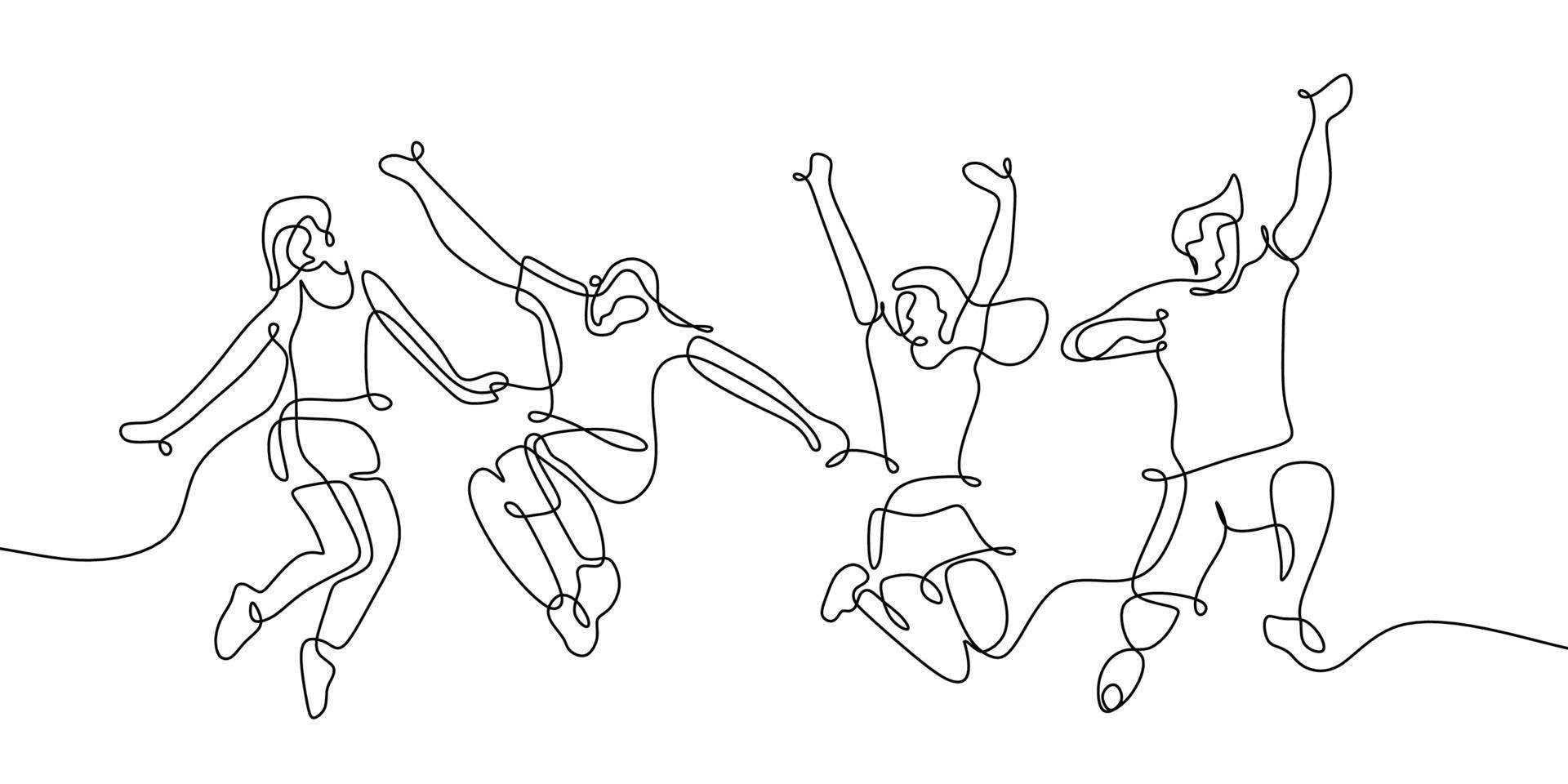 en enda kontinuerlig linje ritning av fyra hoppande glada teen teammedlemmar isolerad på vit bakgrund. vektor
