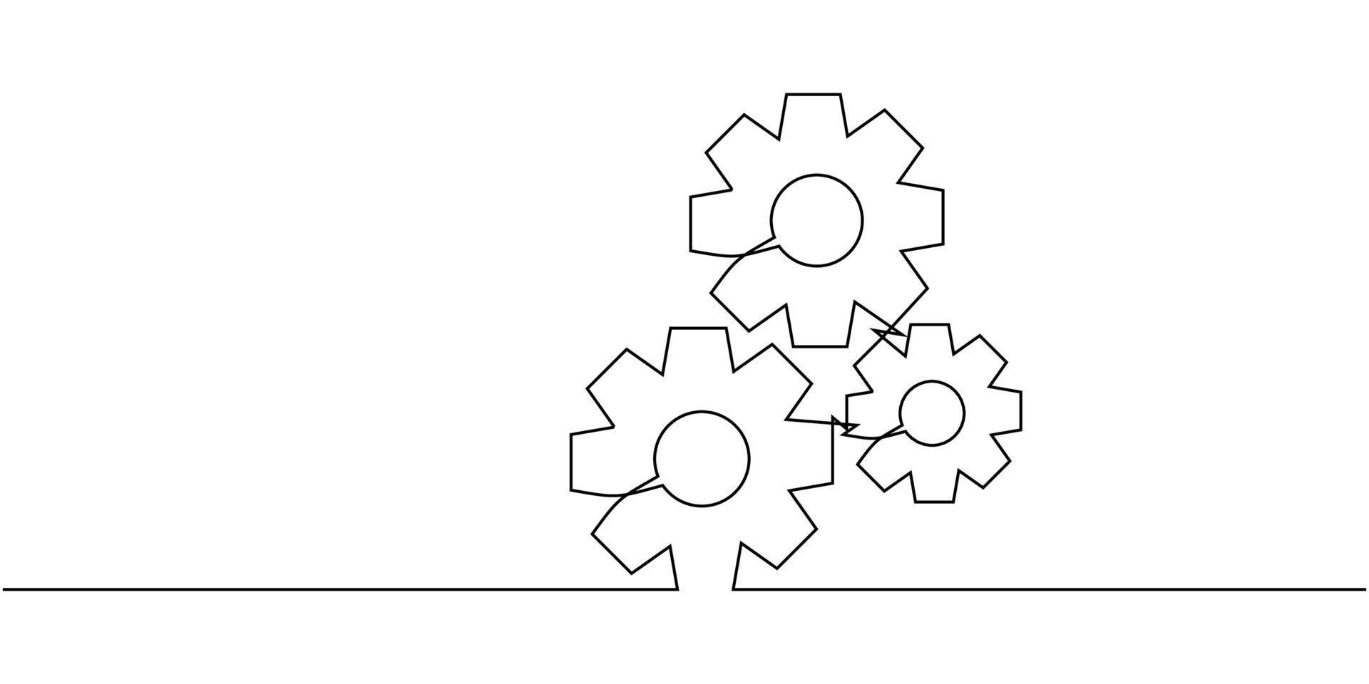 en kontinuerlig linje med rörliga kugghjul. rund hjul metall symbol företags logotyp mall för affärs teamwork koncept. dynamisk enradig grafisk design vektor