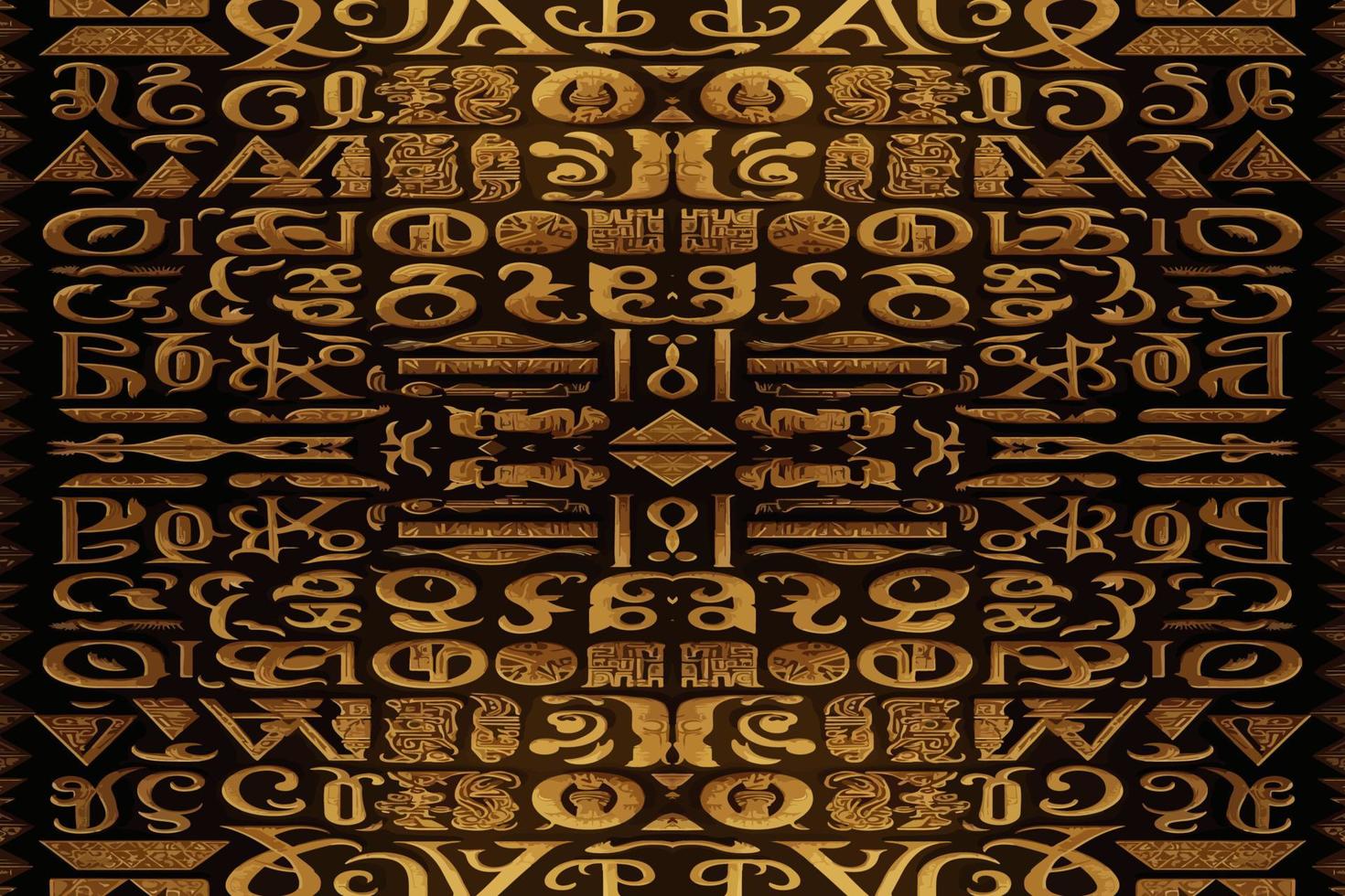 ägyptisch Hieroglyphen Alphabet Muster golden Hintergrund. abstrakt traditionell Volk Antiquität Stammes- ethnisch Ägypten Grafik Linie. aufwendig elegant Luxus Jahrgang retro Stil zum Textur Textil- Stoff Fliese. vektor