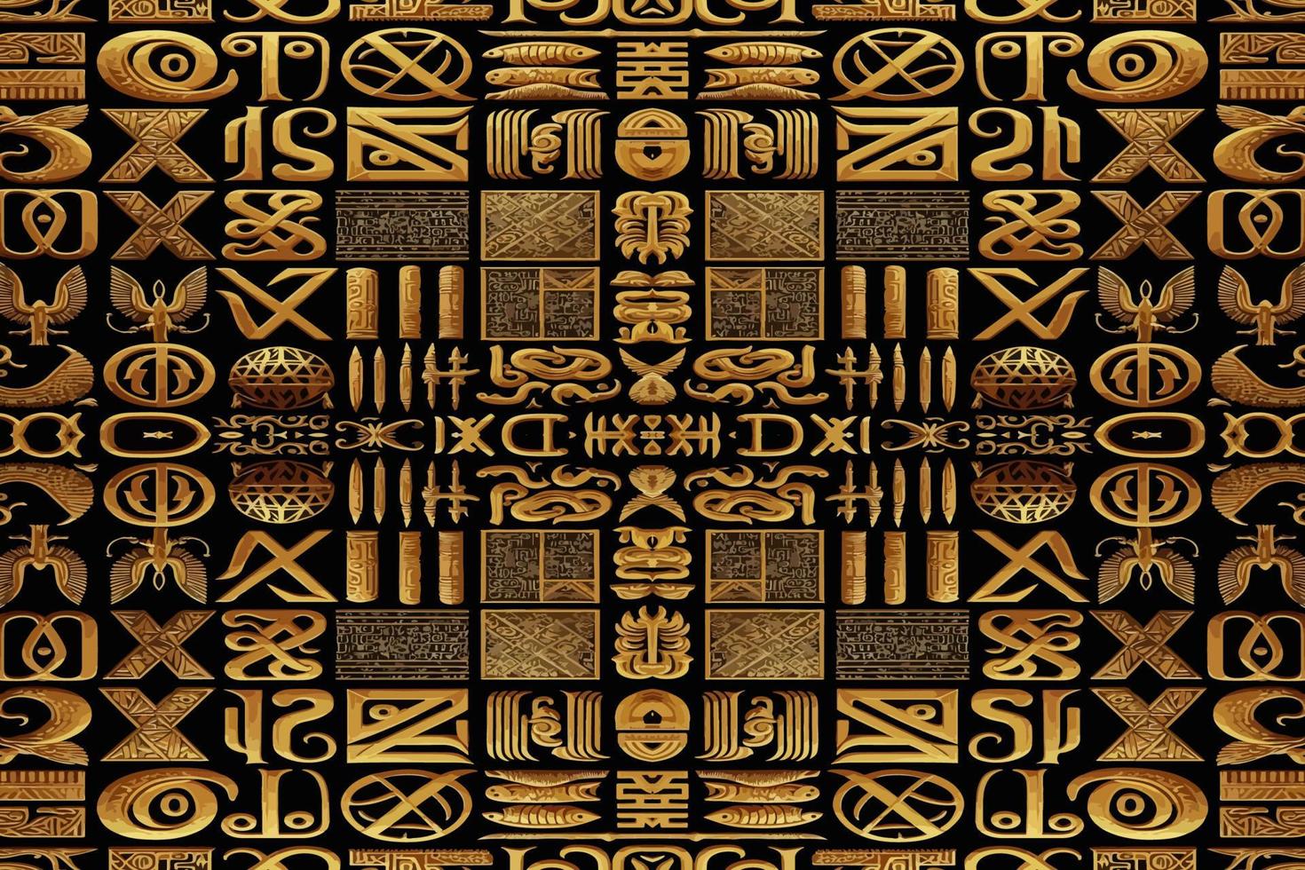 ägyptisch Hieroglyphen Alphabet Muster golden Hintergrund. abstrakt traditionell Volk Antiquität Stammes- ethnisch Ägypten Grafik Linie. aufwendig elegant Luxus Jahrgang retro Stil zum Textur Textil- Stoff Fliese. vektor