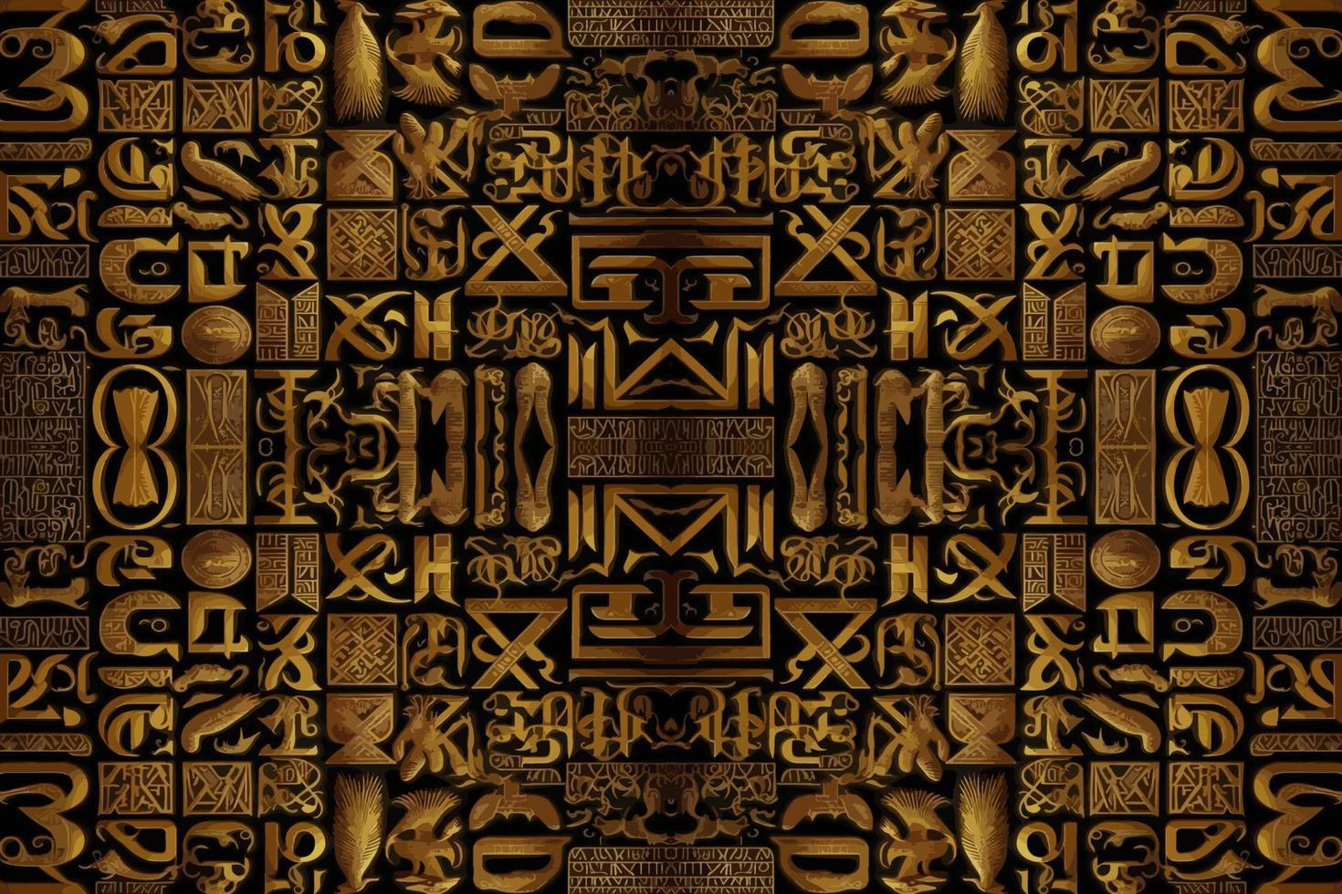 ägyptisch Hieroglyphen Alphabet Muster golden Hintergrund. abstrakt traditionell Volk Antiquität Stammes- ethnisch Ägypten Grafik Linie. aufwendig elegant Luxus Jahrgang retro Stil zum Textur Textil- Stoff Fliese. vektor