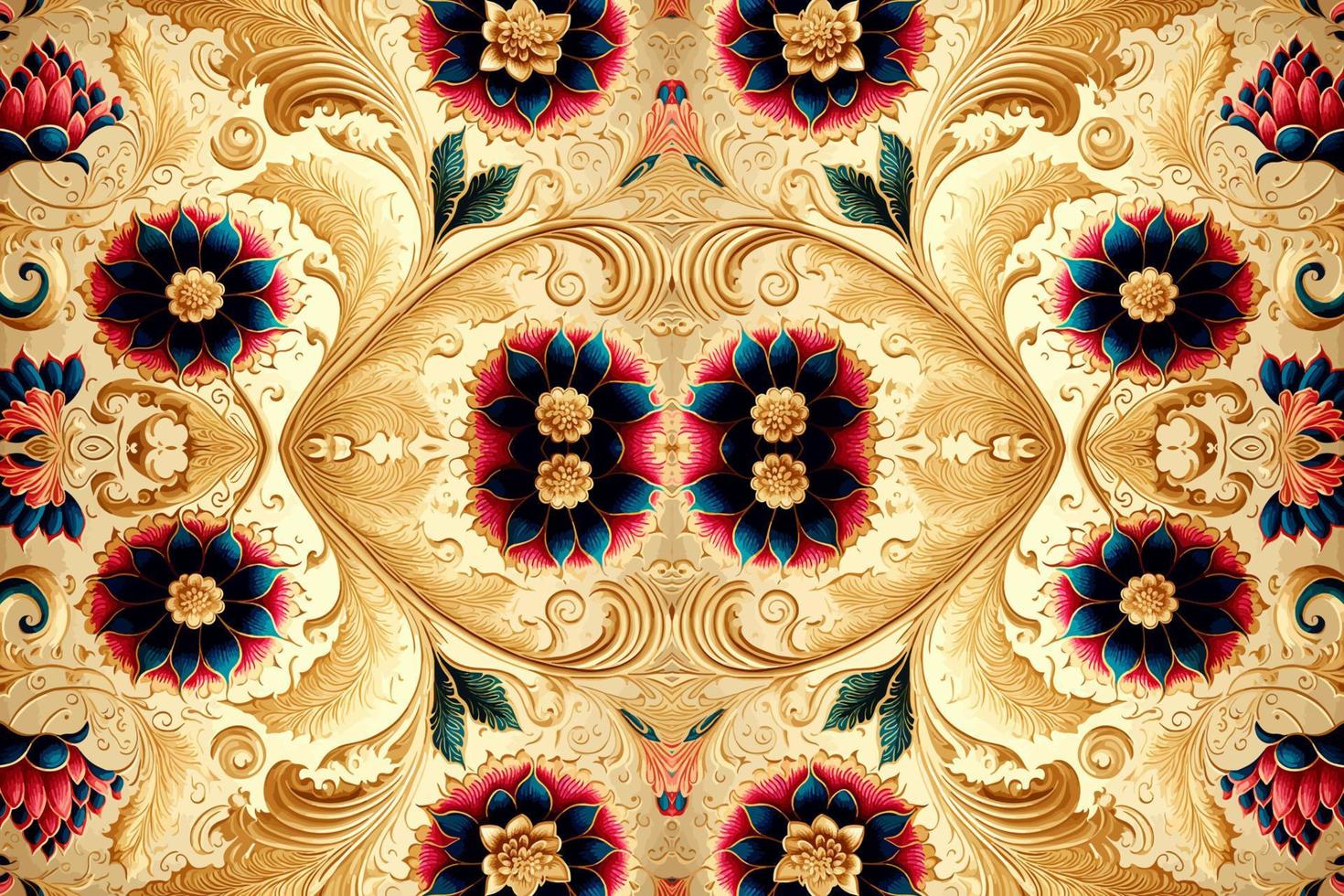 ethnisch Blumen- nahtlos Muster golden Hintergrund. abstrakt traditionell Volk Antiquität Stammes- Grafik Linie. Textur Textil- Stoff indisch Muster. aufwendig elegant Luxus Jahrgang retro Stil. vektor