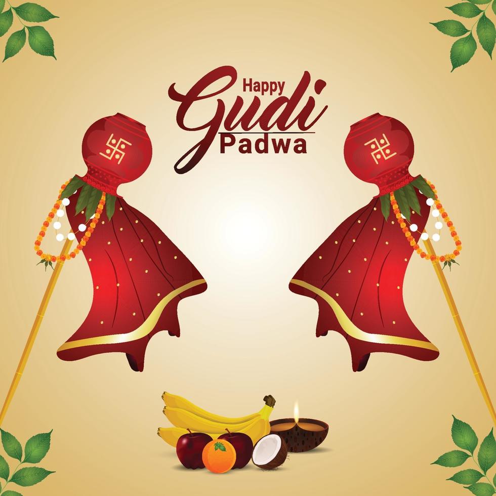 glad gudi padwa illustration med traditionell kalash med frukt thali vektor