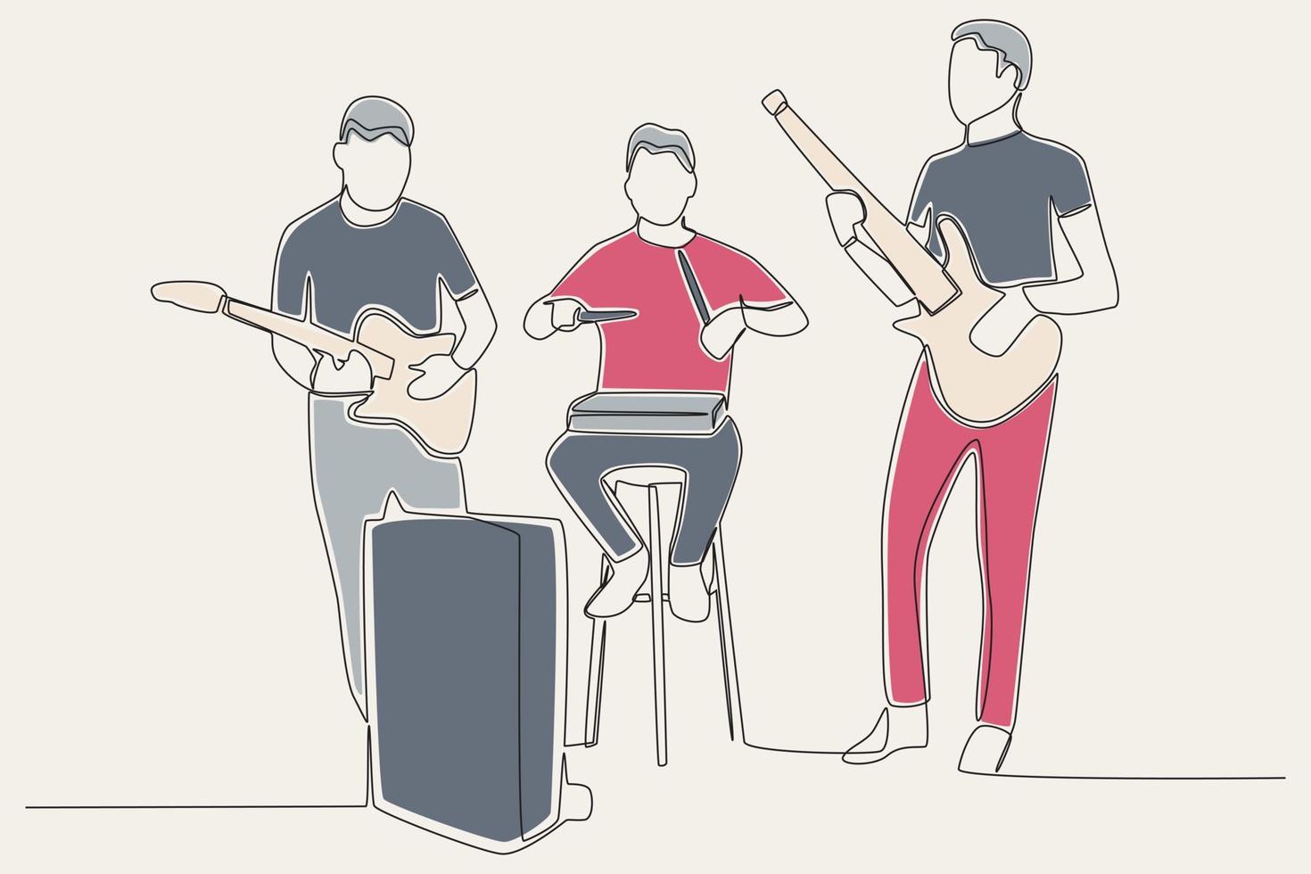 Färg illustration av tre Pojkar spelar musikalisk instrument vektor