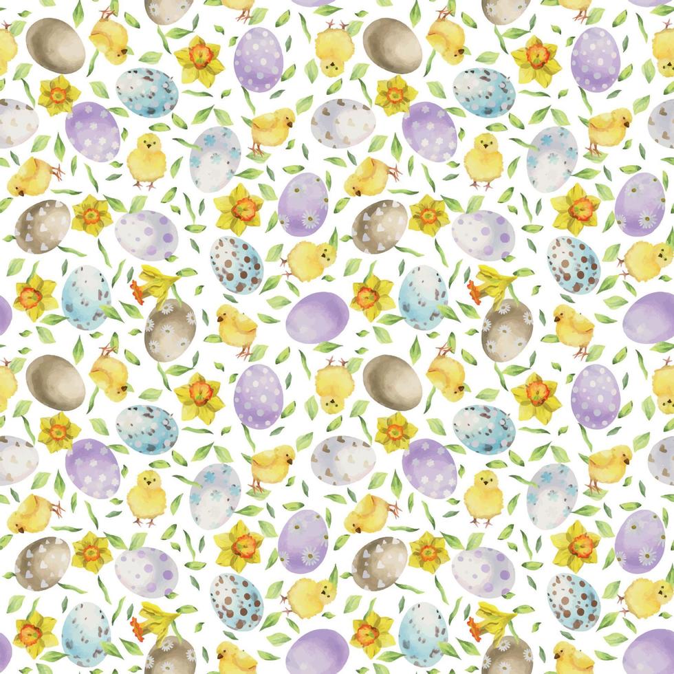 Aquarell Hand gezeichnet Ostern Feier Clip Art. nahtlos Muster mit gemalt Eier, Verbeugungen, Blumen. Pastell- Farbe. isoliert auf Weiß Hintergrund. zum Einladungen, Geschenke, Gruß Karten, drucken, Textil- vektor