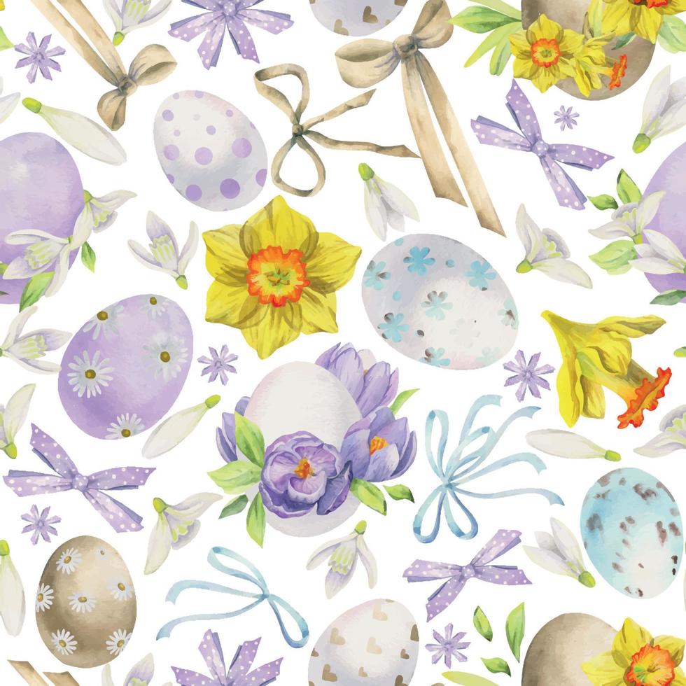 vattenfärg hand dragen påsk firande ClipArt. sömlös mönster med målad ägg, pilbågar, blommor. pastell Färg. isolerat på vit bakgrund. för inbjudningar, gåvor, hälsning kort, skriva ut, textil- vektor