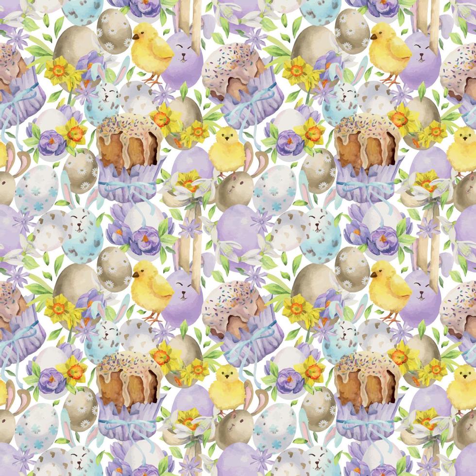 vattenfärg hand dragen påsk firande ClipArt. sömlös mönster med målad ägg, pilbågar, blommor. pastell Färg. isolerat på vit bakgrund. för inbjudningar, gåvor, hälsning kort, skriva ut, textil- vektor