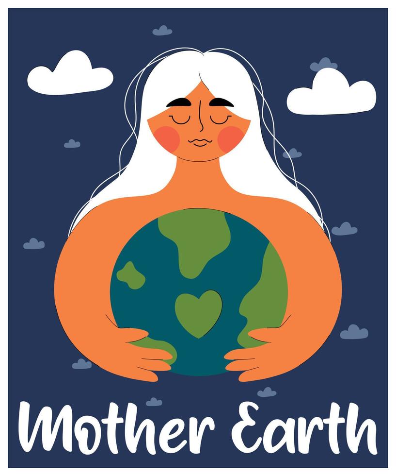 süß Frau umarmt Planet Erde mit Pflege und Liebe. Mutter Natur. das Konzept von Erde Tag. speichern unser Planet. gehen grün. modisch eben Stil mit Linie. vektor