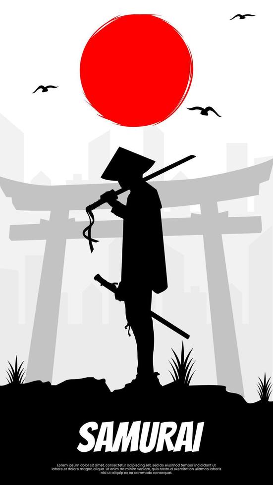 en samuraj står i främre av en röd måne och de ord samuraj. samuraj med röd måne tapet. japansk samuraj krigare med en svärd. japansk tema tapet. japansk vertikal bakgrund. vektor
