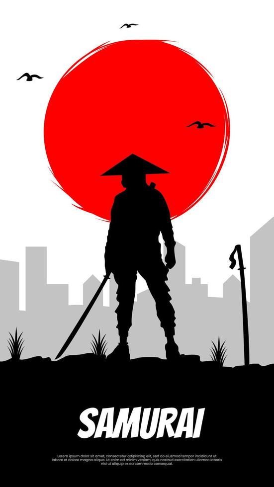 samuraj med röd måne tapet. japansk samuraj krigare med en svärd. urban samuraj bakgrund. japansk tema tapet. vertikal övervaka bakgrund. samuraj i främre av en röd måne. vektor
