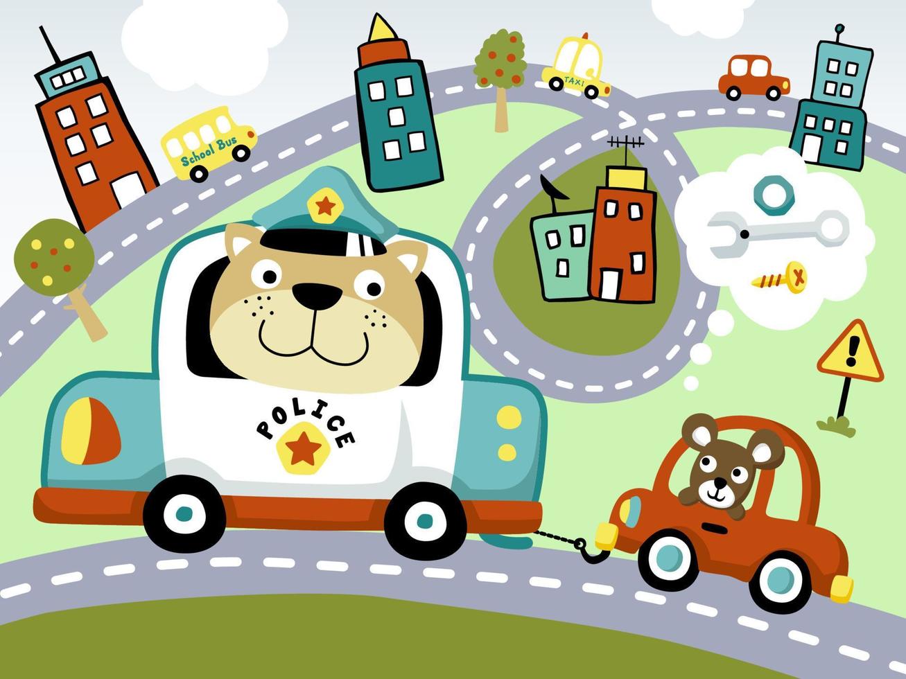 Vektor Karikatur von komisch Katze Fahren Polizei Auto Abschleppen wenig Auto im Stadt Straße